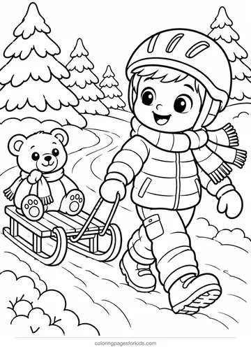 Sled coloring page of a child pulling a teddy bear on a sled, medium printable for ages 5-7