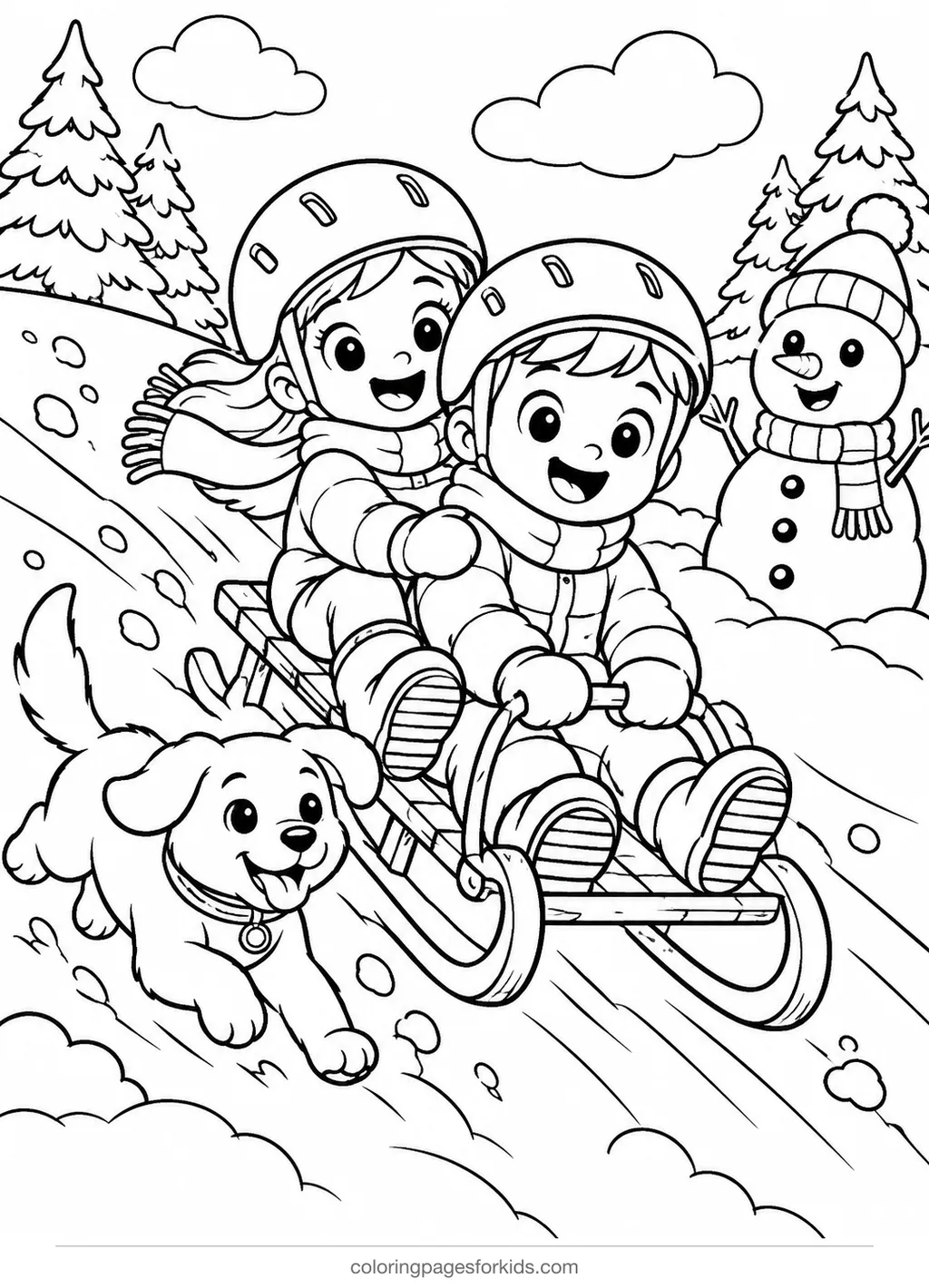 Sled coloring page of two kids sledding with a snowman and dog, medium printable for ages 5-7