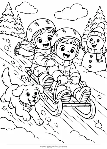 Sled coloring page of two kids sledding with a snowman and dog, medium printable for ages 5-7