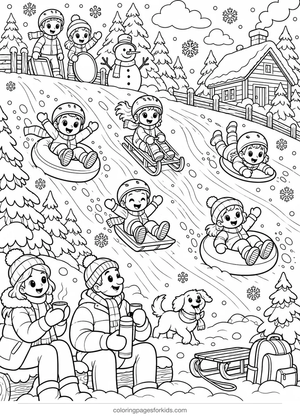 Sled coloring page of a busy snowy hill with kids and sleds, detailed printable for ages 7-10