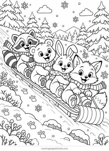 Sled coloring page of woodland animals on a toboggan, detailed printable for ages 7-10