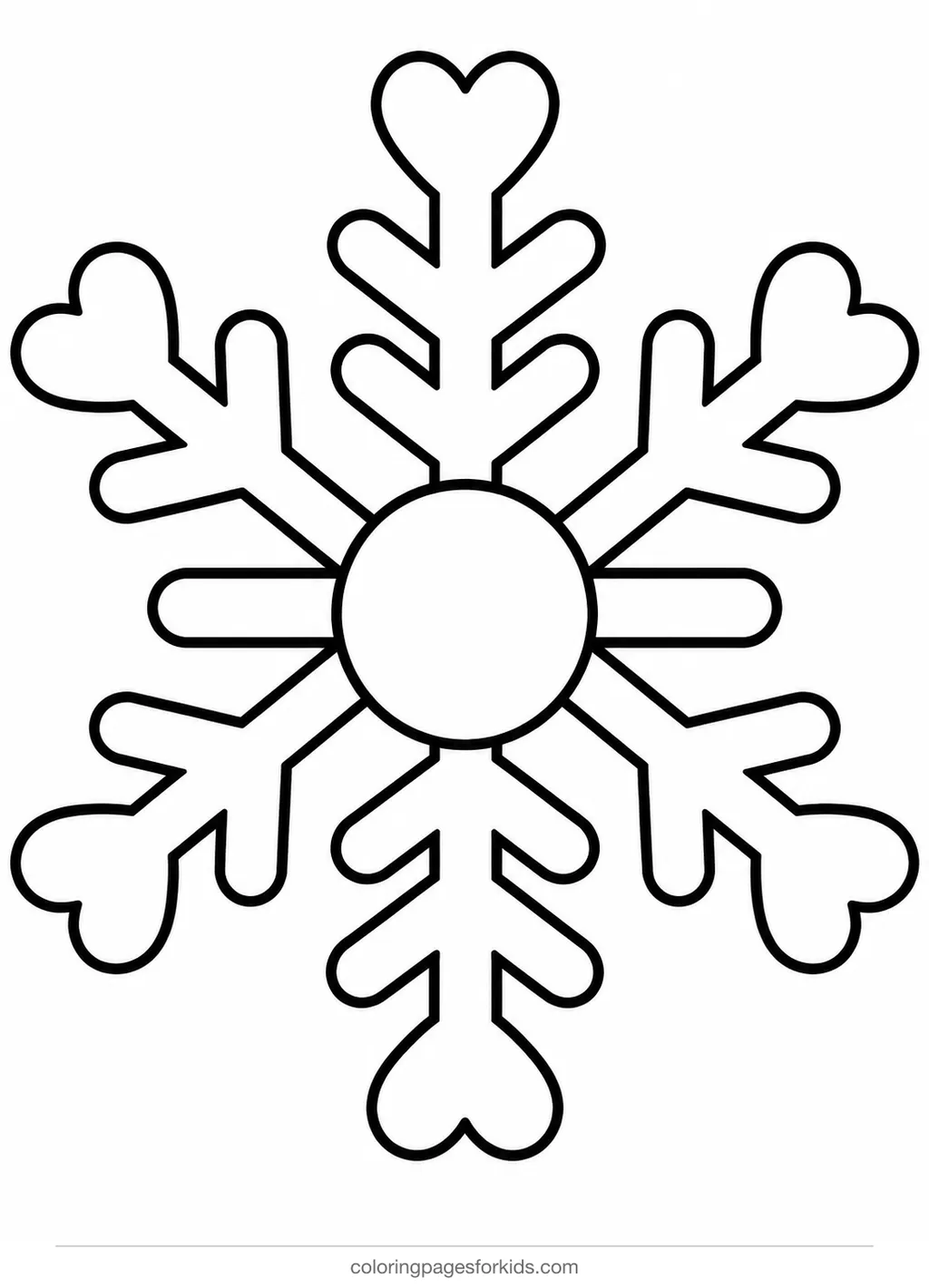 Snowflake coloring page of a heart-tip snowflake, easy black-and-white printable for ages 3-5