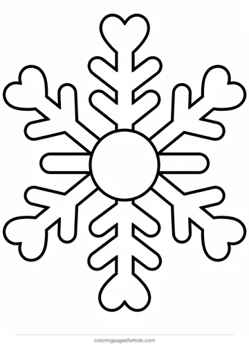 Snowflake coloring page of a heart-tip snowflake, easy black-and-white printable for ages 3-5
