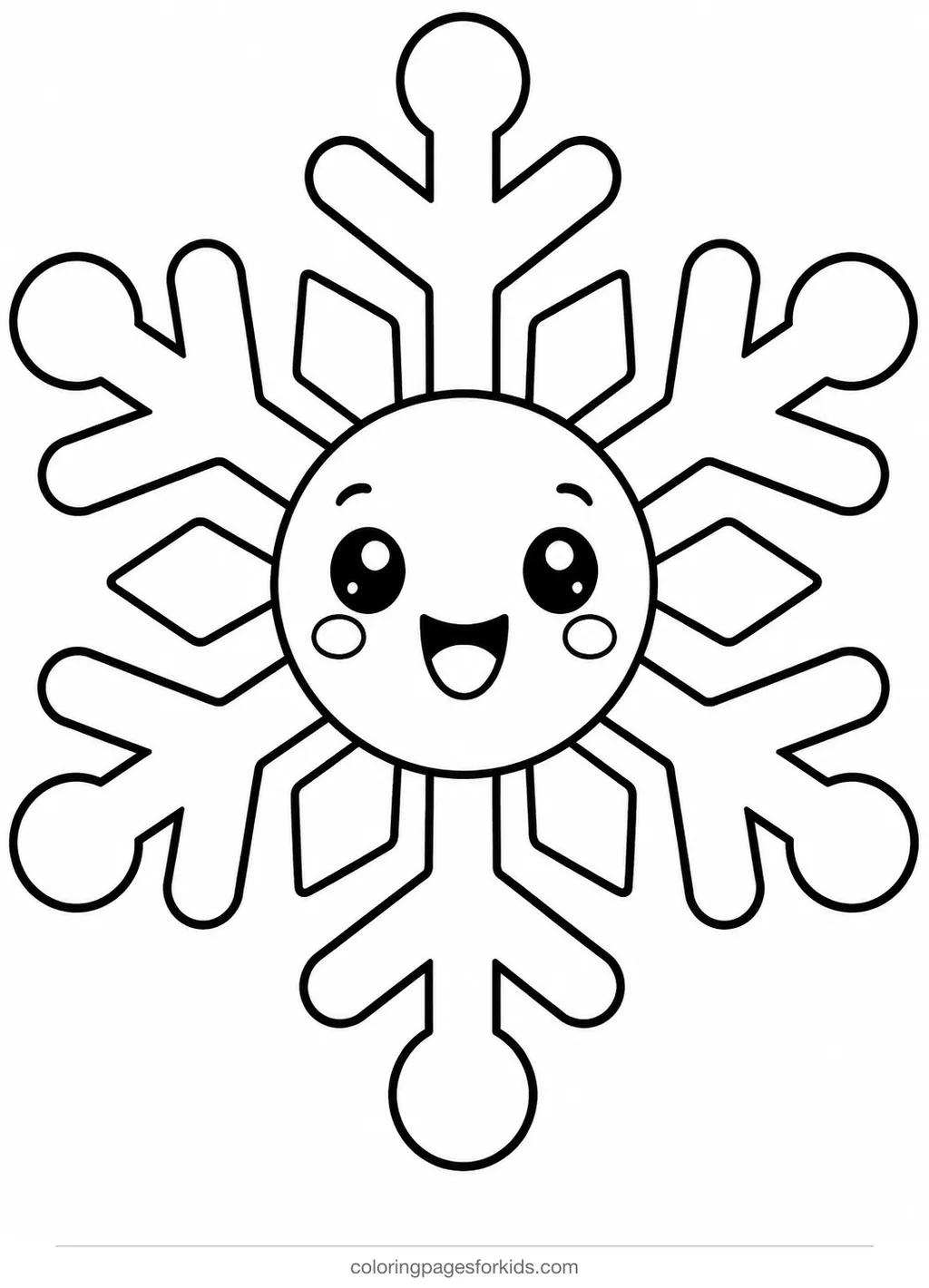 Snowflake coloring page of a smiling snowflake friend, easy black-and-white printable for ages 3-5