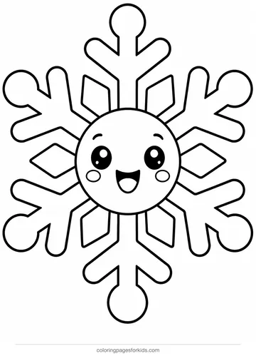 Snowflake coloring page of a smiling snowflake friend, easy black-and-white printable for ages 3-5