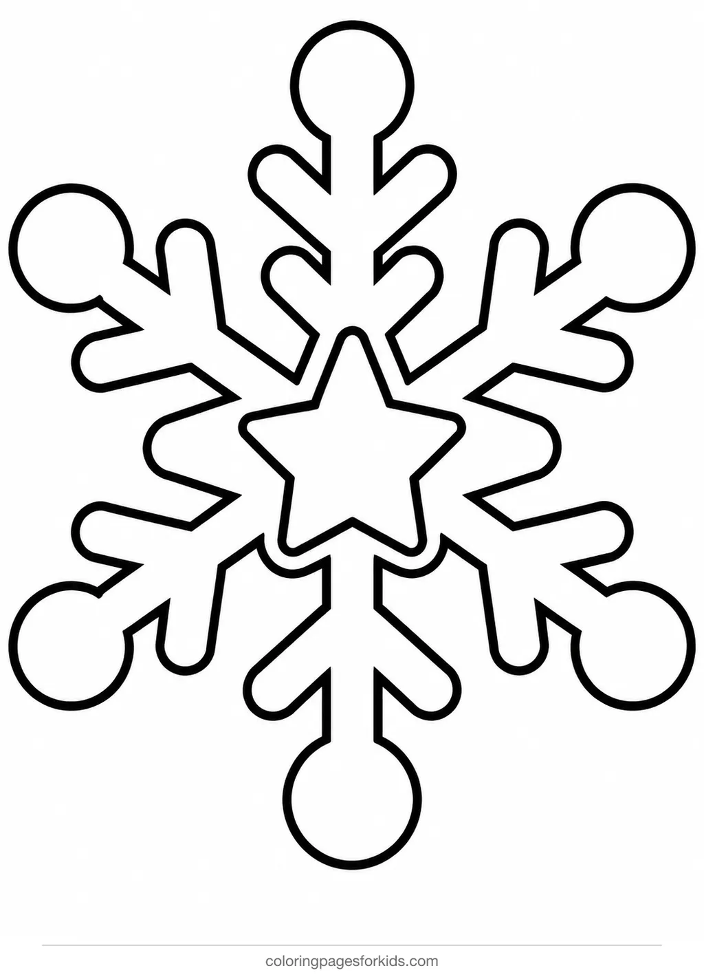 Snowflake coloring page of a snowflake with snowball tips, easy printable for ages 3-5