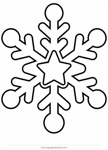 Snowflake coloring page of a snowflake with snowball tips, easy printable for ages 3-5