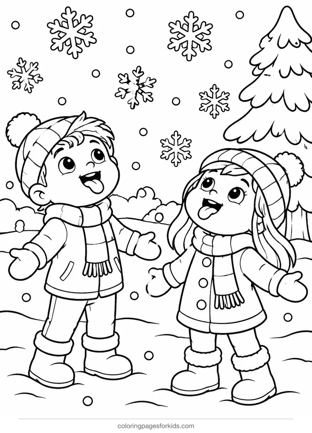 Snowflake coloring page of cartoon children catching falling flakes, medium printable for ages 5-7