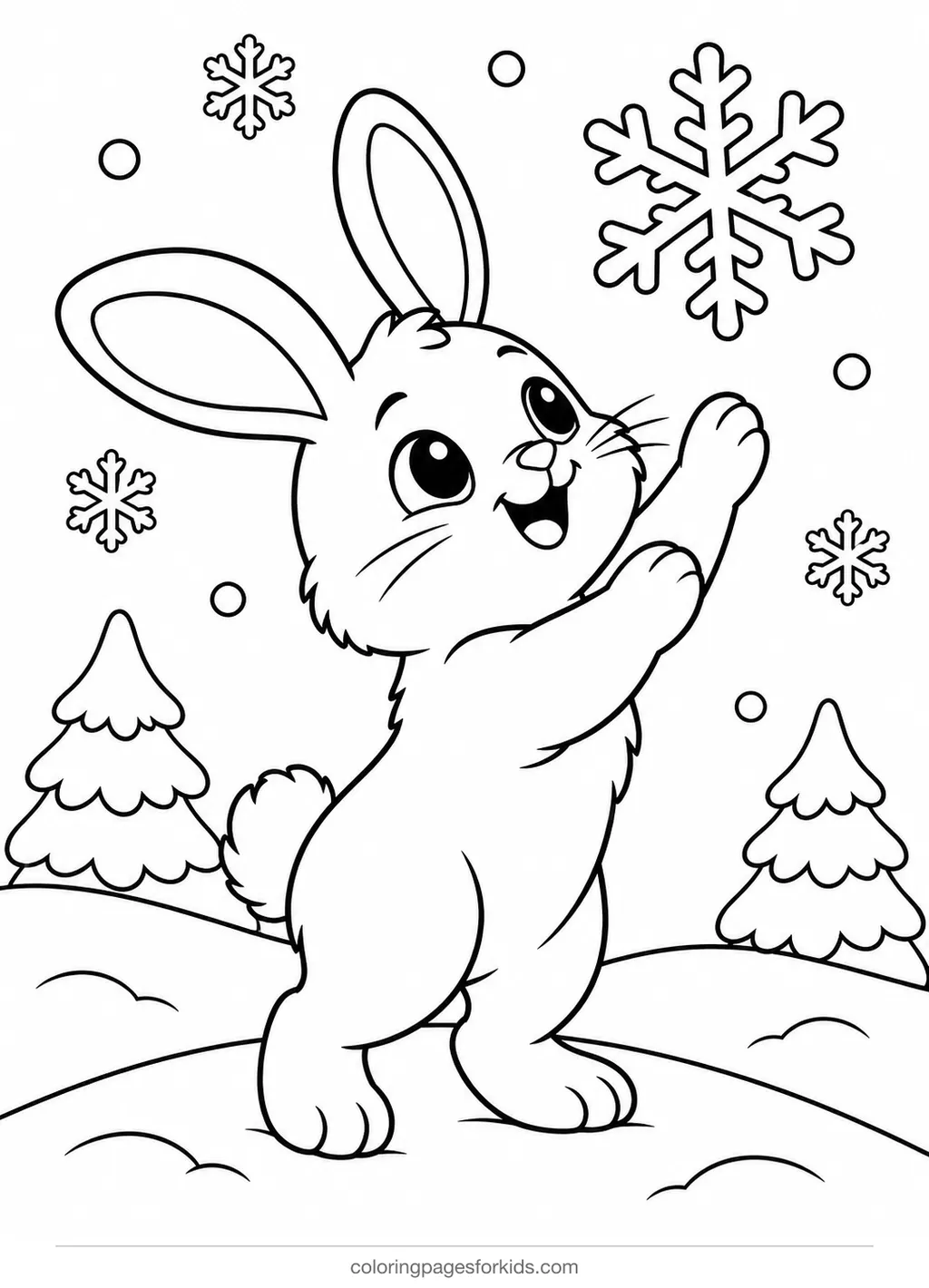 Snowflake coloring page of a bunny reaching for a big flake, medium printable for ages 5-7