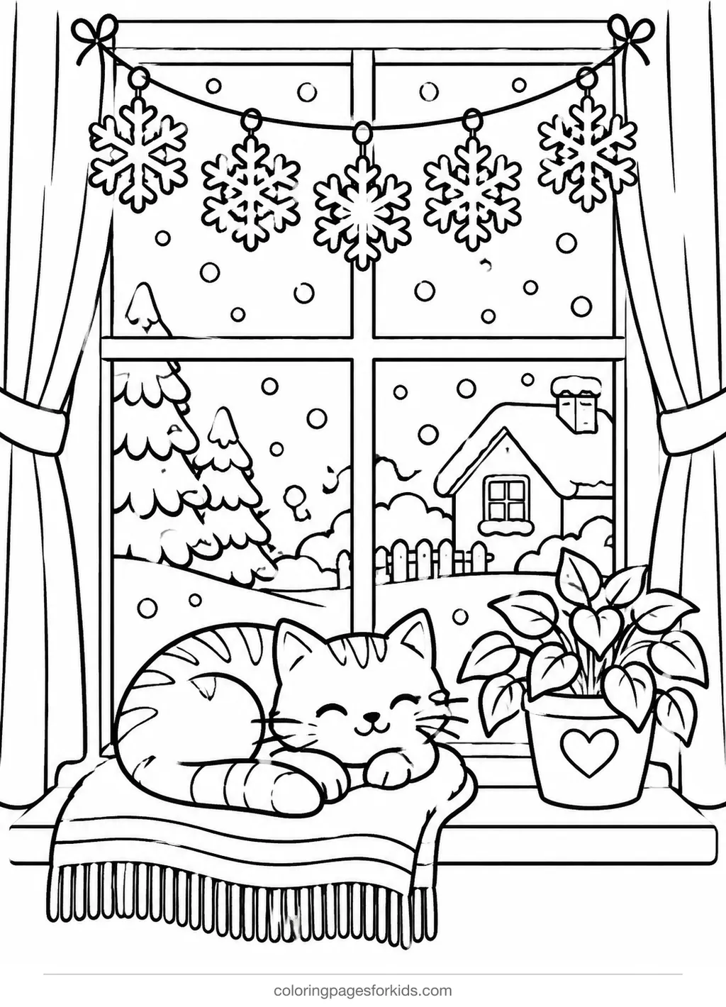 Snowflake coloring page of paper flakes in a window, medium printable for ages 5-7