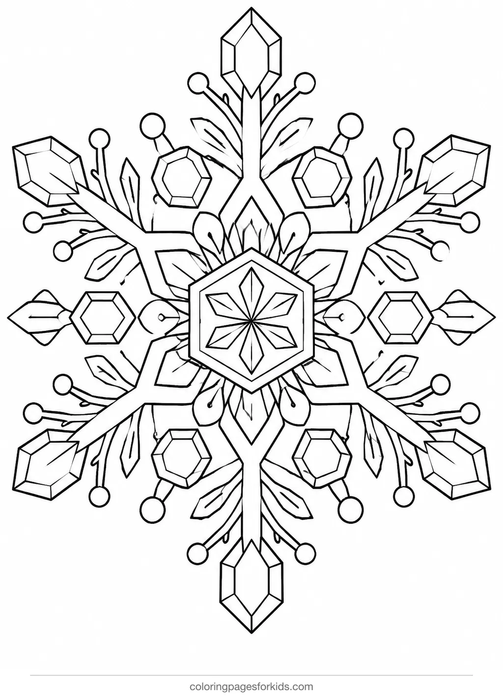 Snowflake coloring page of an intricate crystal flake, detailed printable for ages 7-10