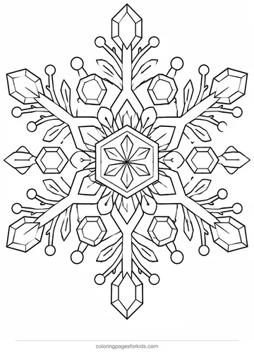 Snowflake coloring page of an intricate crystal flake, detailed printable for ages 7-10