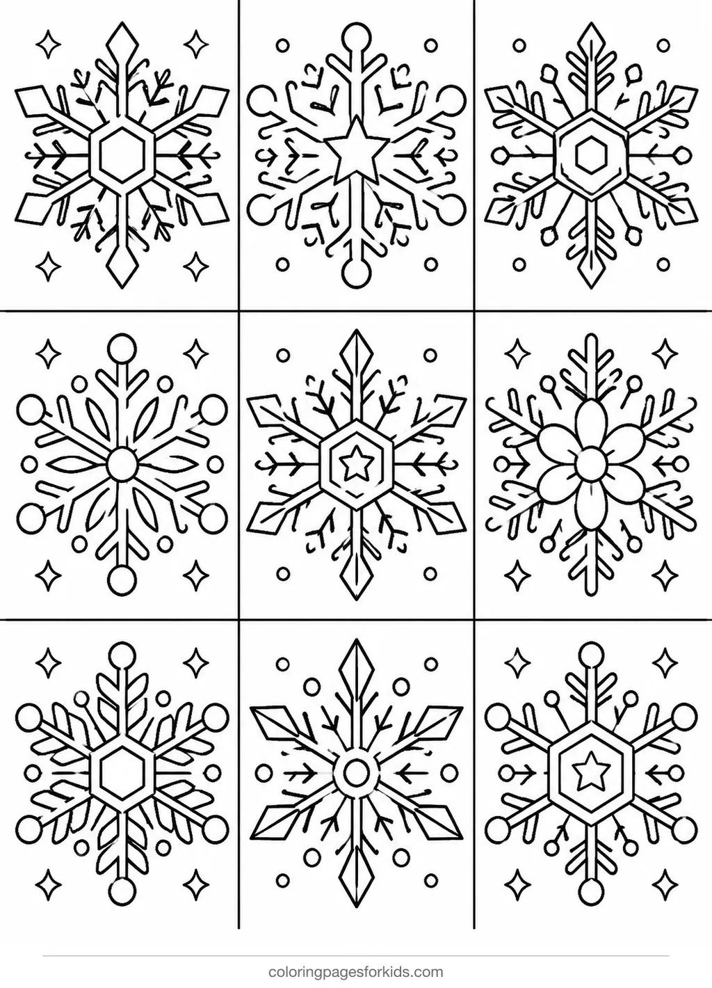 Snowflake coloring page of nine different detailed flakes, detailed printable for ages 7-10