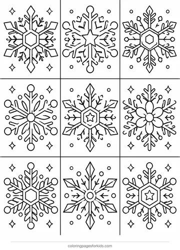 Snowflake coloring page of nine different detailed flakes, detailed printable for ages 7-10