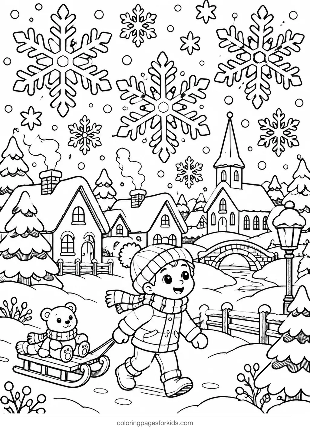 Snowflake coloring page of giant flakes over a snowy town, detailed printable for ages 7-10