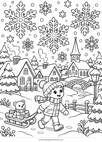 Snowflake coloring page of giant flakes over a snowy town, detailed printable for ages 7-10