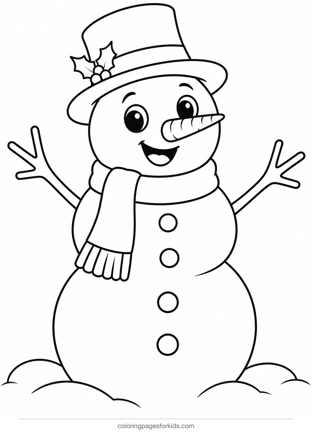 Snowman coloring page of a classic three-ball snowman, easy black-and-white printable for ages 3-5