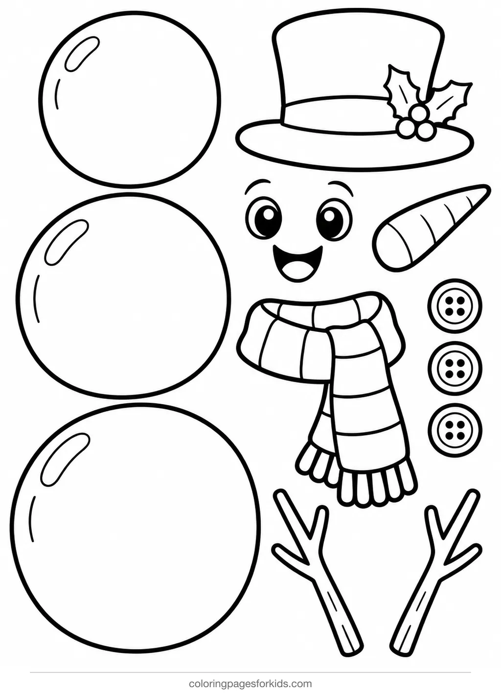 Snowman coloring page of build-a-snowman pieces, easy black-and-white printable for ages 3-5
