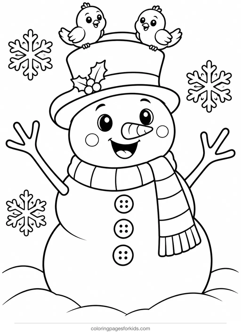 Snowman coloring page of a snowman with birds on its hat, easy black-and-white printable for ages 3-5