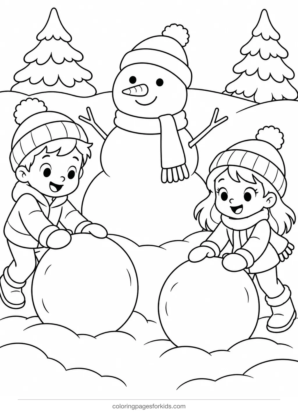 Snowman coloring page of cartoon children building a snowman, medium black-and-white printable for ages 5-7