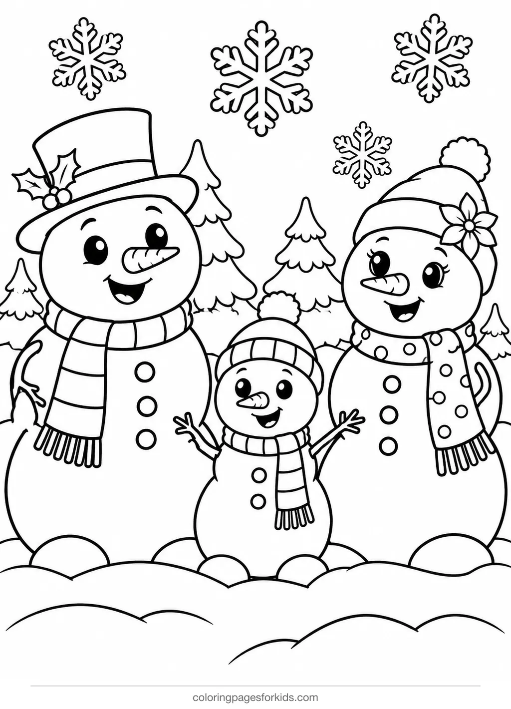 Snowman coloring page of three snowmen holding hands, medium black-and-white printable for ages 5-7