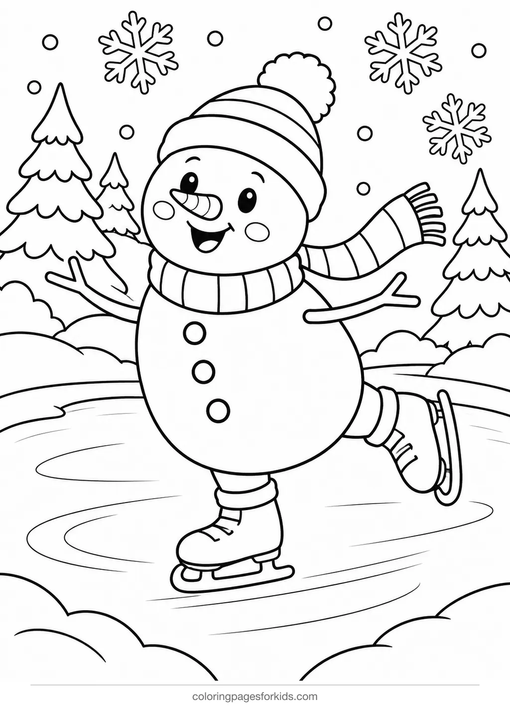 Snowman coloring page of a snowman ice skating on a pond, medium black-and-white printable for ages 5-7
