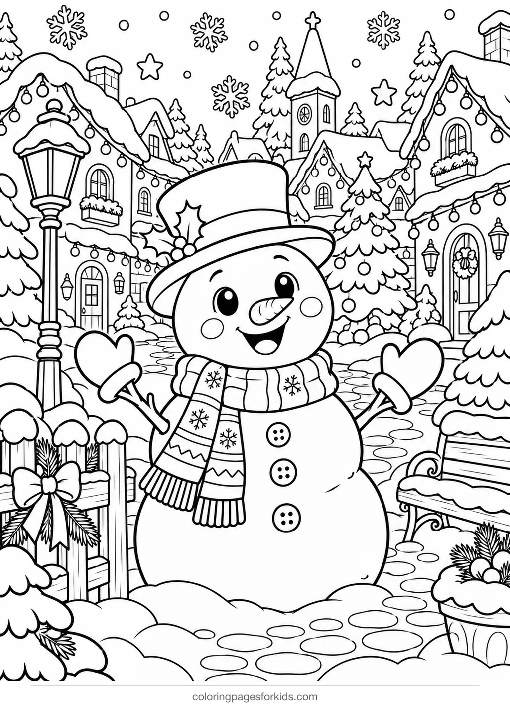 Snowman coloring page of a winter village square, detailed black-and-white printable for ages 7-10