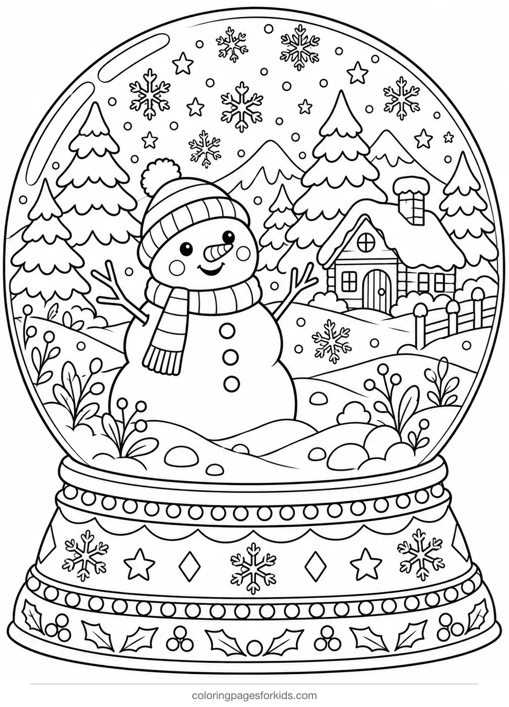 Snowman coloring page of a snow globe with cabin and trees, detailed black-and-white printable for ages 7-10