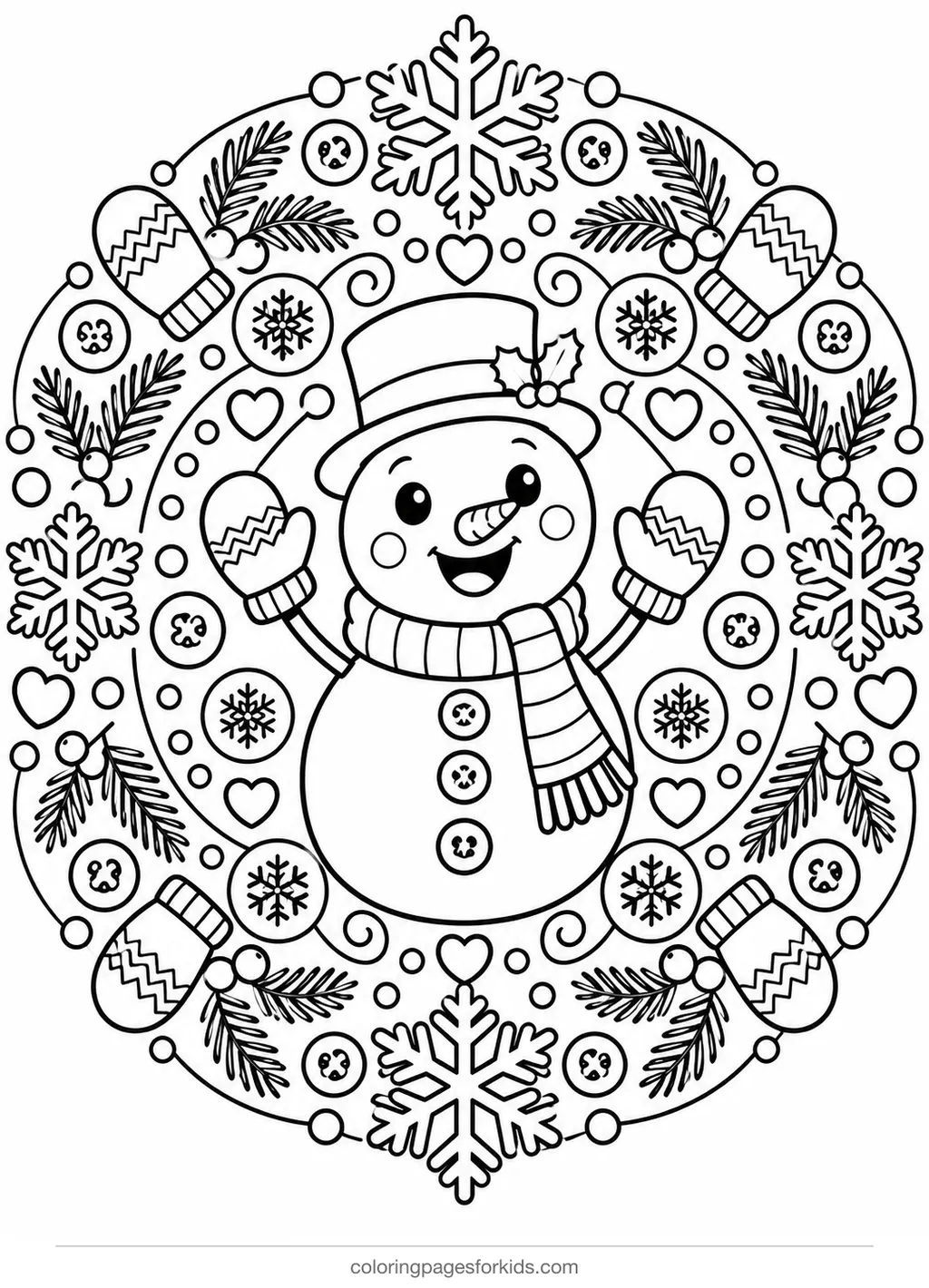 Snowman coloring page of a snowflake mandala pattern, detailed black-and-white printable for ages 7-10