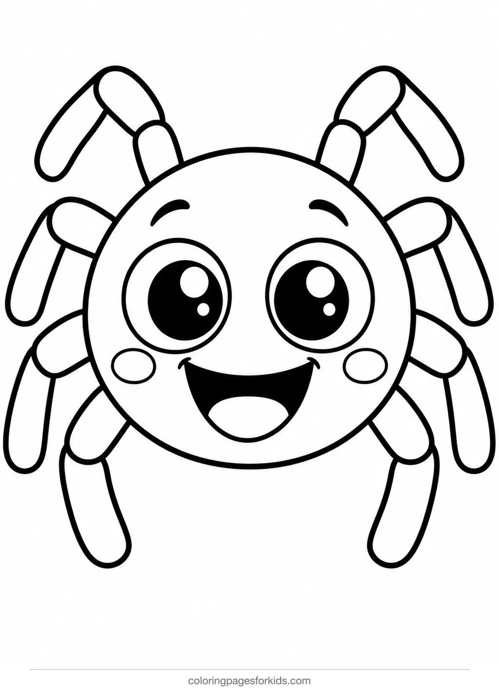 Spider coloring page of a big smiling cartoon spider, easy black-and-white printable for ages 3-5