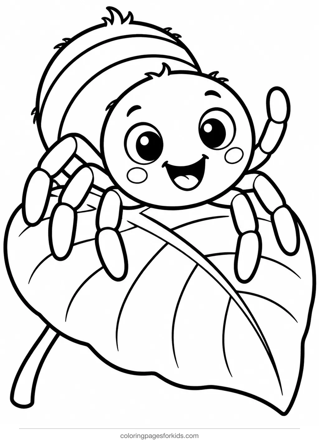 Spider coloring page of a smiling spider waving from a leaf, easy printable for ages 3-5