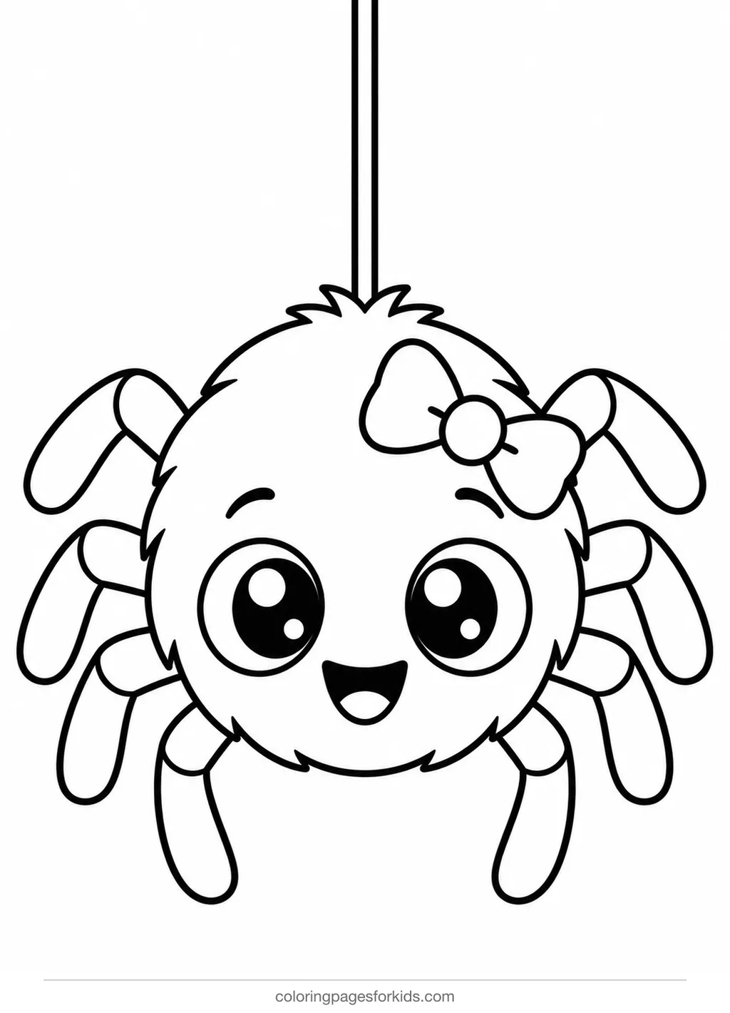 Spider coloring page of a baby spider on a silk thread, easy printable for ages 3-5