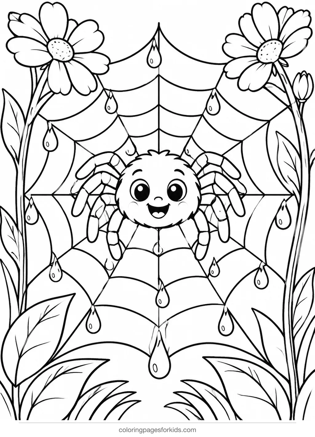 Spider coloring page of a smiling spider on a web with dew drops, medium printable for ages 5-7