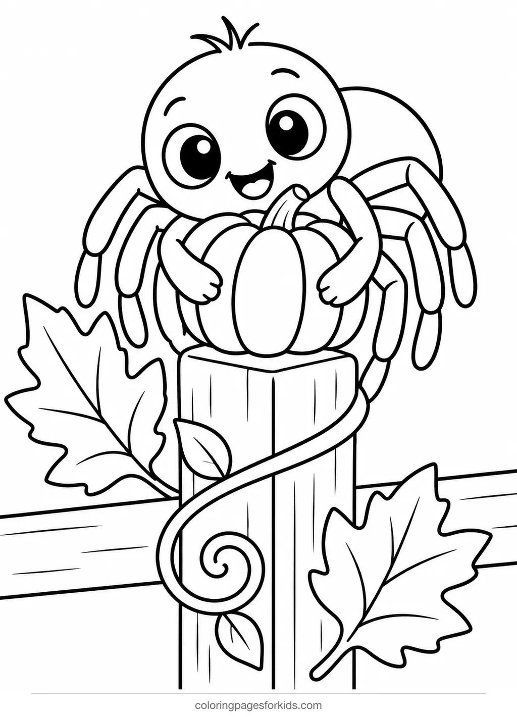 Spider coloring page of a cheerful spider hugging a pumpkin, medium printable for ages 5-7
