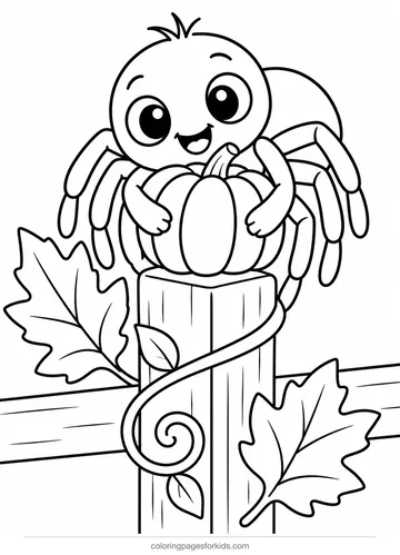 Spider coloring page of a cheerful spider hugging a pumpkin, medium printable for ages 5-7