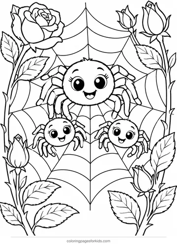 Spider coloring page of a spider family on a garden web, medium printable for ages 5-7
