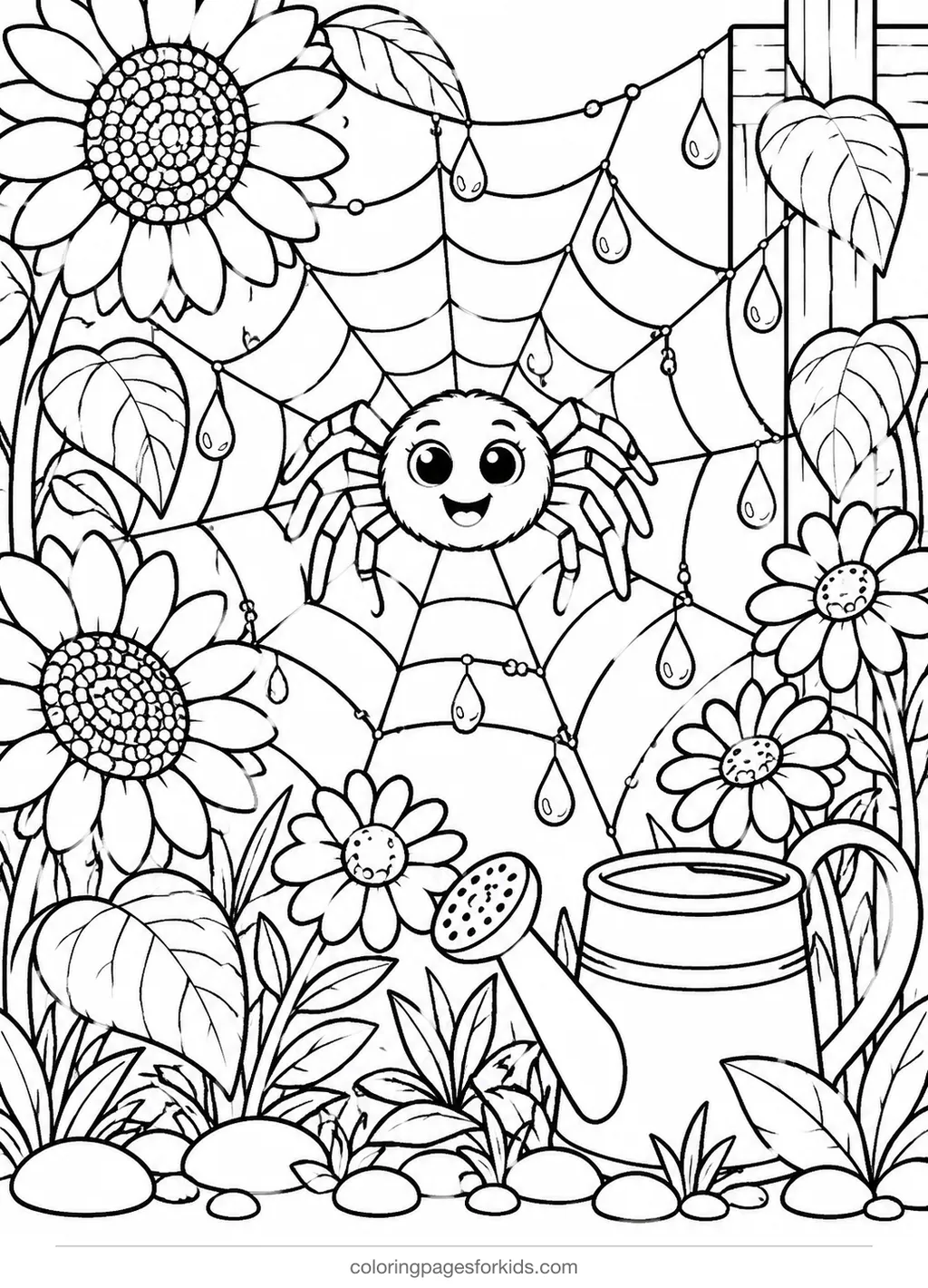 Spider coloring page of a dewy garden web with flowers, detailed printable for ages 7-10