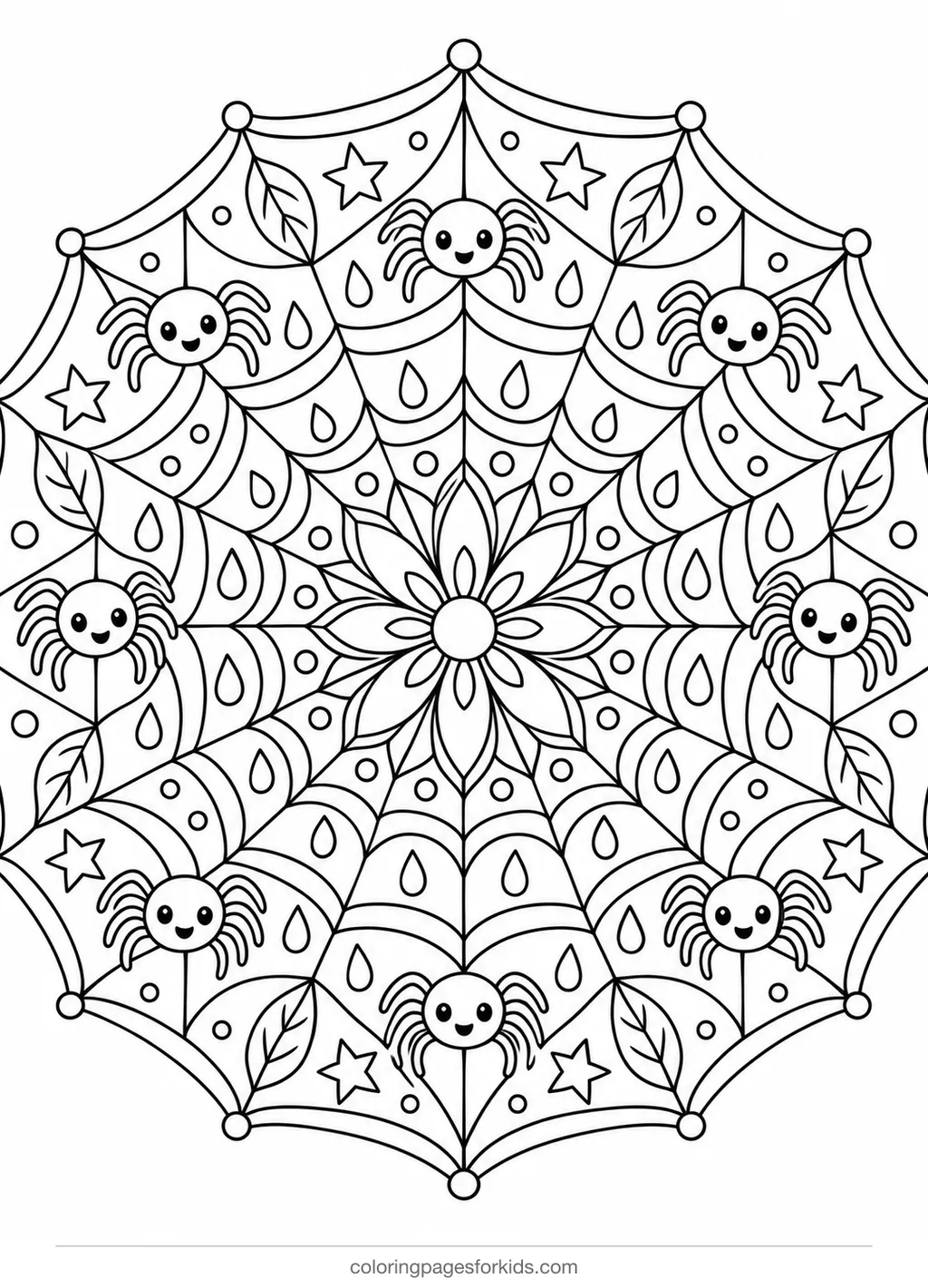 Spider coloring page of a web mandala with small spiders, detailed printable for ages 7-10