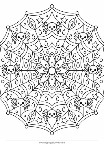 Spider coloring page of a web mandala with small spiders, detailed printable for ages 7-10