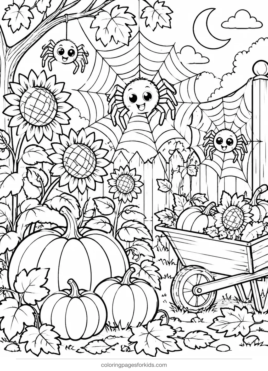 Spider coloring page of friendly spiders in an autumn garden, detailed printable for ages 7-10
