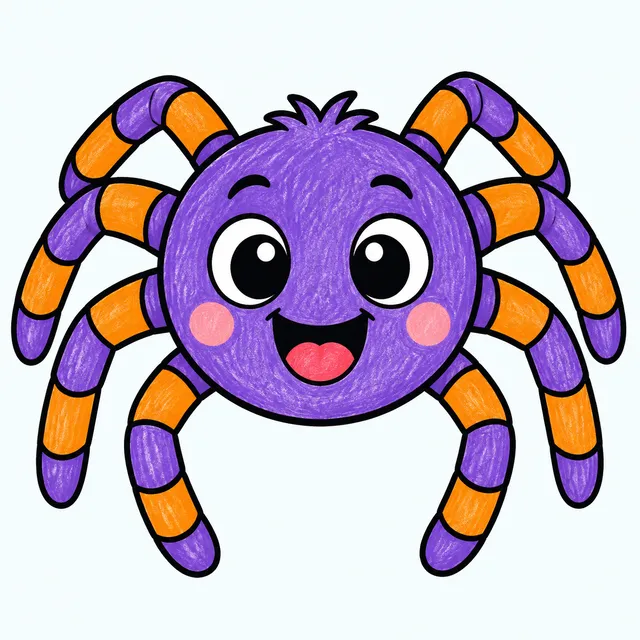 Colored example of a big smiling cartoon spider for kids