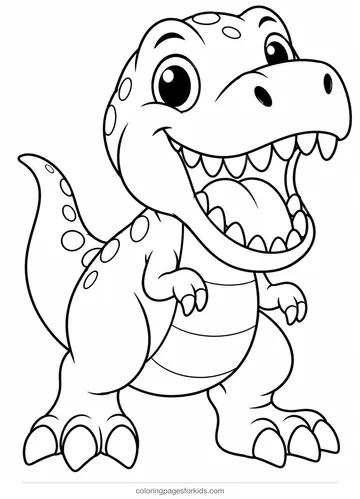 T-Rex coloring page of a friendly roaring dinosaur, easy black-and-white printable for ages 3-5