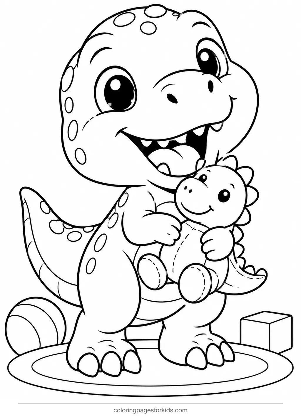T-Rex coloring page of a baby dinosaur hugging a toy, easy printable for ages 3-5