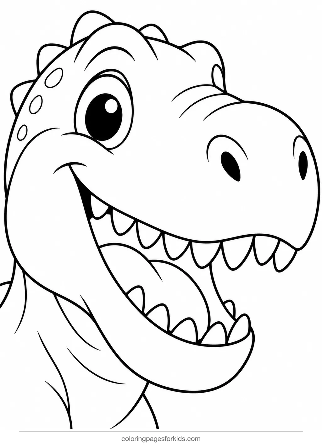 T-Rex coloring page of a big friendly dinosaur head, easy printable for ages 3-5