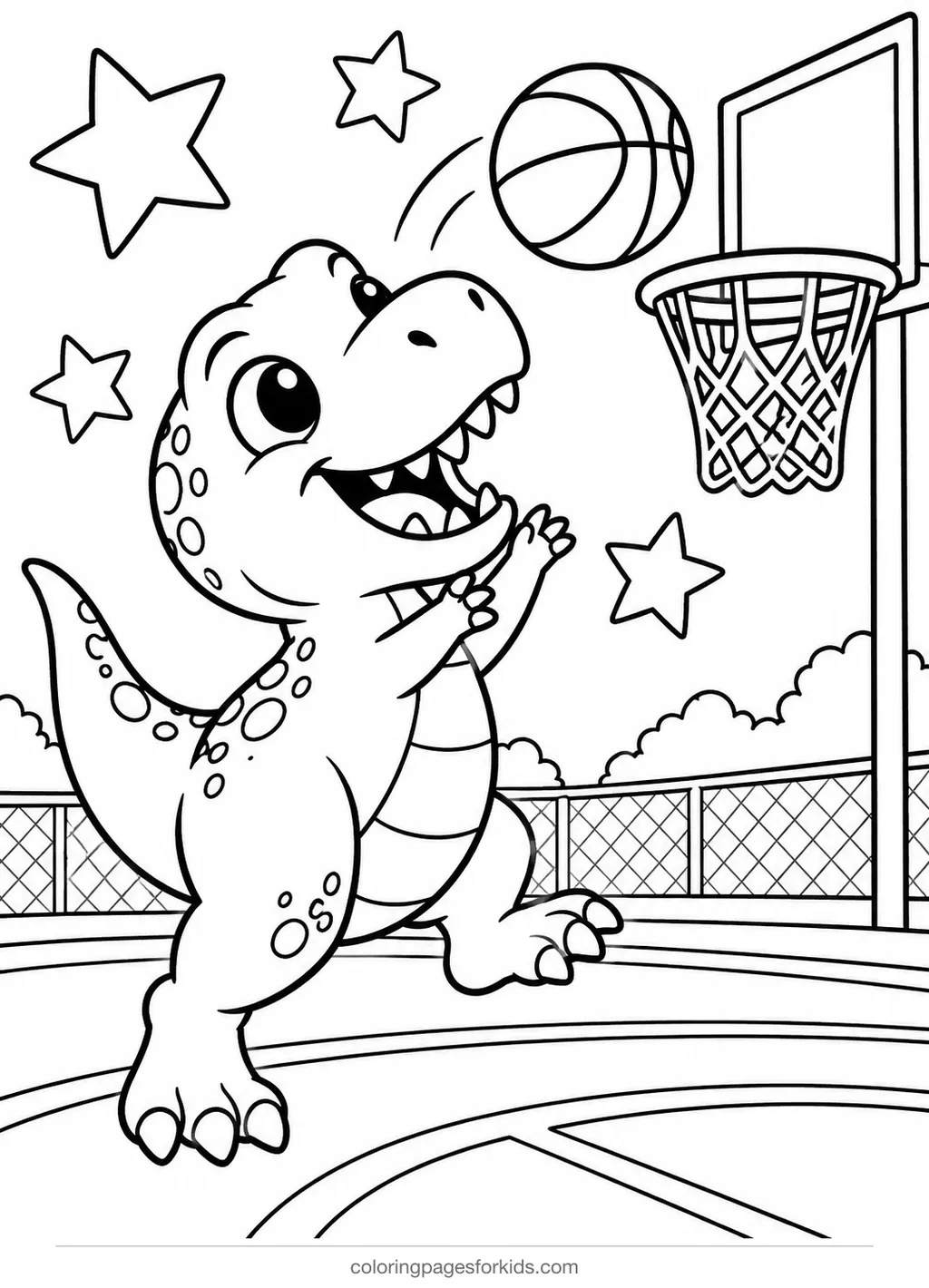 T-Rex coloring page of a dinosaur playing basketball, medium printable for ages 5-7