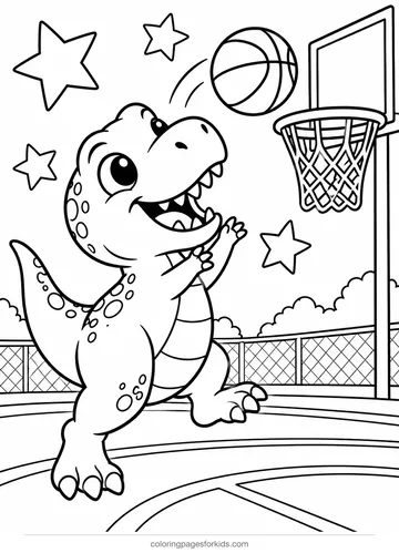 T-Rex coloring page of a dinosaur playing basketball, medium printable for ages 5-7