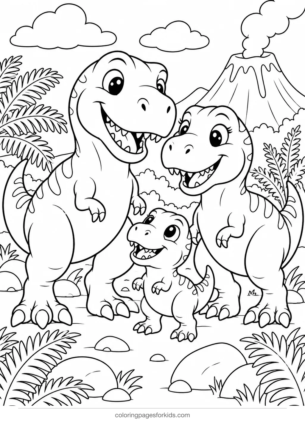 T-Rex coloring page of a dinosaur family by a volcano, medium printable for ages 5-7