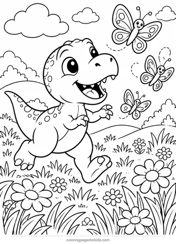 T-Rex coloring page of a dinosaur chasing butterflies, medium printable for ages 5-7