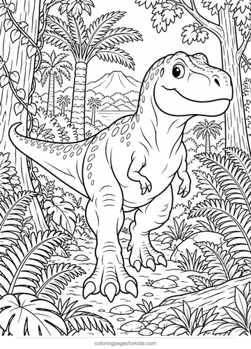 T-Rex coloring page of a dinosaur walking in a forest, detailed printable for ages 7-10