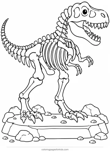 T-Rex skeleton coloring page with skull and ribs, detailed printable for ages 7-10
